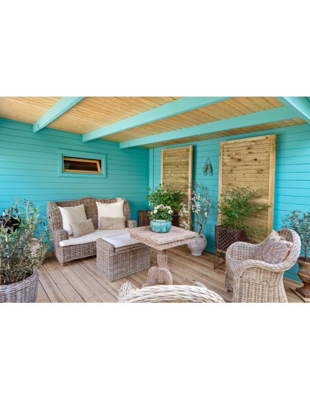 Platdak tuinhuisje met terrasgedeelte 625 x 375 cm - 28 mm - ±21 m2