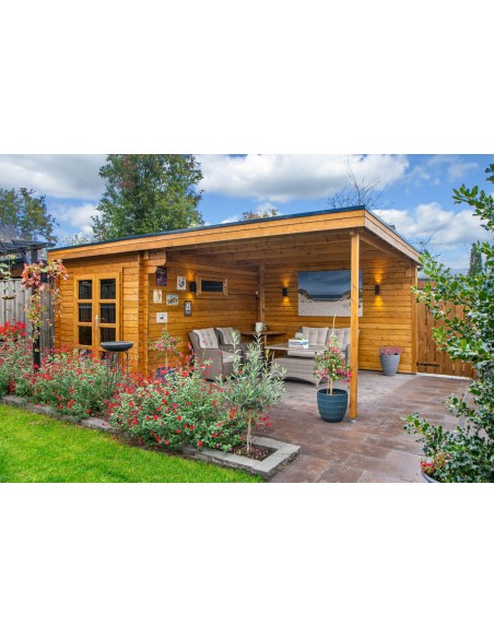 Platdak tuinhuisje met terrasgedeelte 625 x 375 cm - 28 mm - ±21 m2