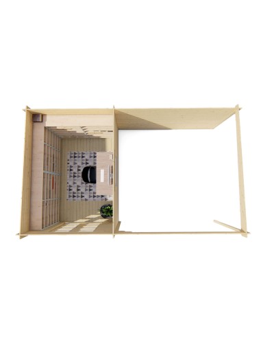 Platdak tuinhuisje met terrasgedeelte 625 x 375 cm - 28 mm - ±21 m2