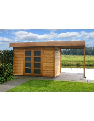 Abri de jardin toit plat avec auvent à droite 490 x 200 cm - 28 mm - ±10 m2