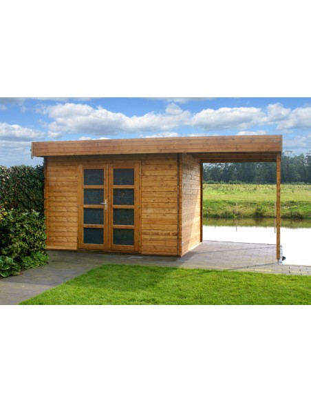 Abri de jardin toit plat avec auvent à droite 490 x 200 cm - 28 mm - ±10 m2