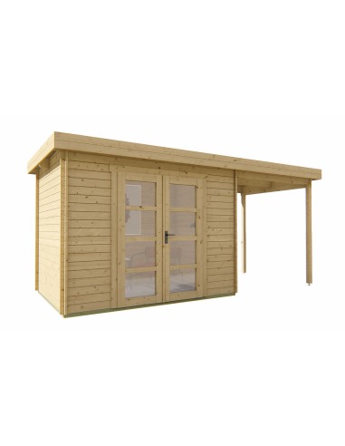 Tuinhuisje met plat dak en luifel rechts 490 x 200 cm - 28 mm - ±10 m2