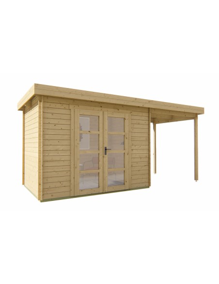 Tuinhuisje met plat dak en luifel rechts 490 x 200 cm - 28 mm - ±10 m2