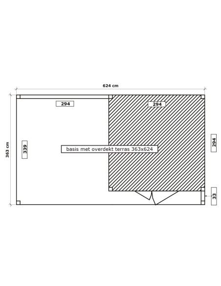 Tuinhuis met overdekt terras met verticale lamellen 624 x 363 cm