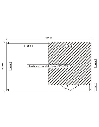 Tuinhuis met overdekt terras met horizontale latten 624 x 363 cm
