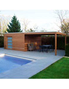 Poolhouse en bois exotique avec porte coulissante