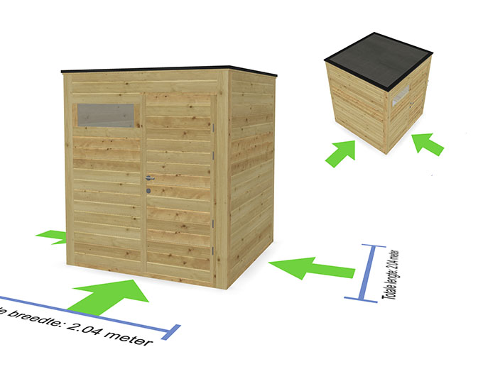 Vue 3D de l'abri de jardin Cubo configurable, hauteur 2,35 m, conforme au RRU bruxellois