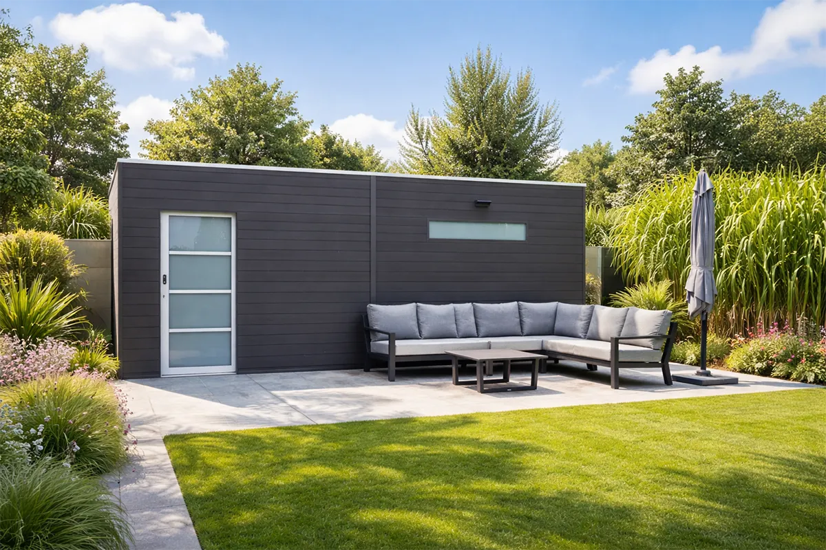 abri en bois composite avec annexe de couleur anthracite