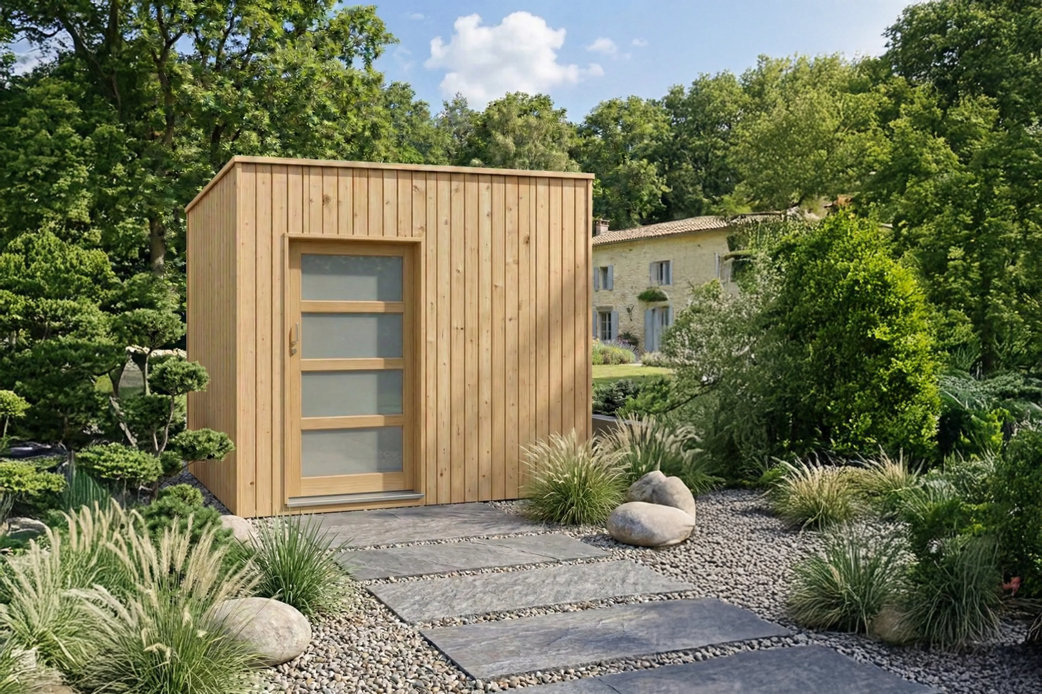 abri de jardin en sapin trait&eacute; avec porte coulissante "Tokyo"