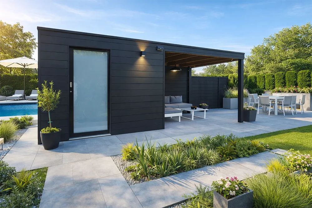 Abri de jardin avec auvent int&eacute;gr&eacute; en bois composite