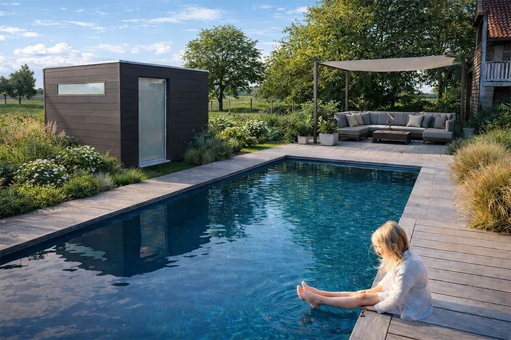 Abri de jardin en bois composite pour rangement au bord de la piscine