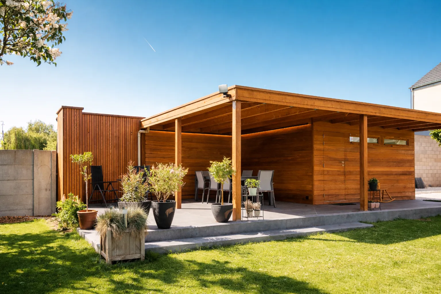 Auvent en bois exotique abritant une salle &agrave; manger de jardin conviviale