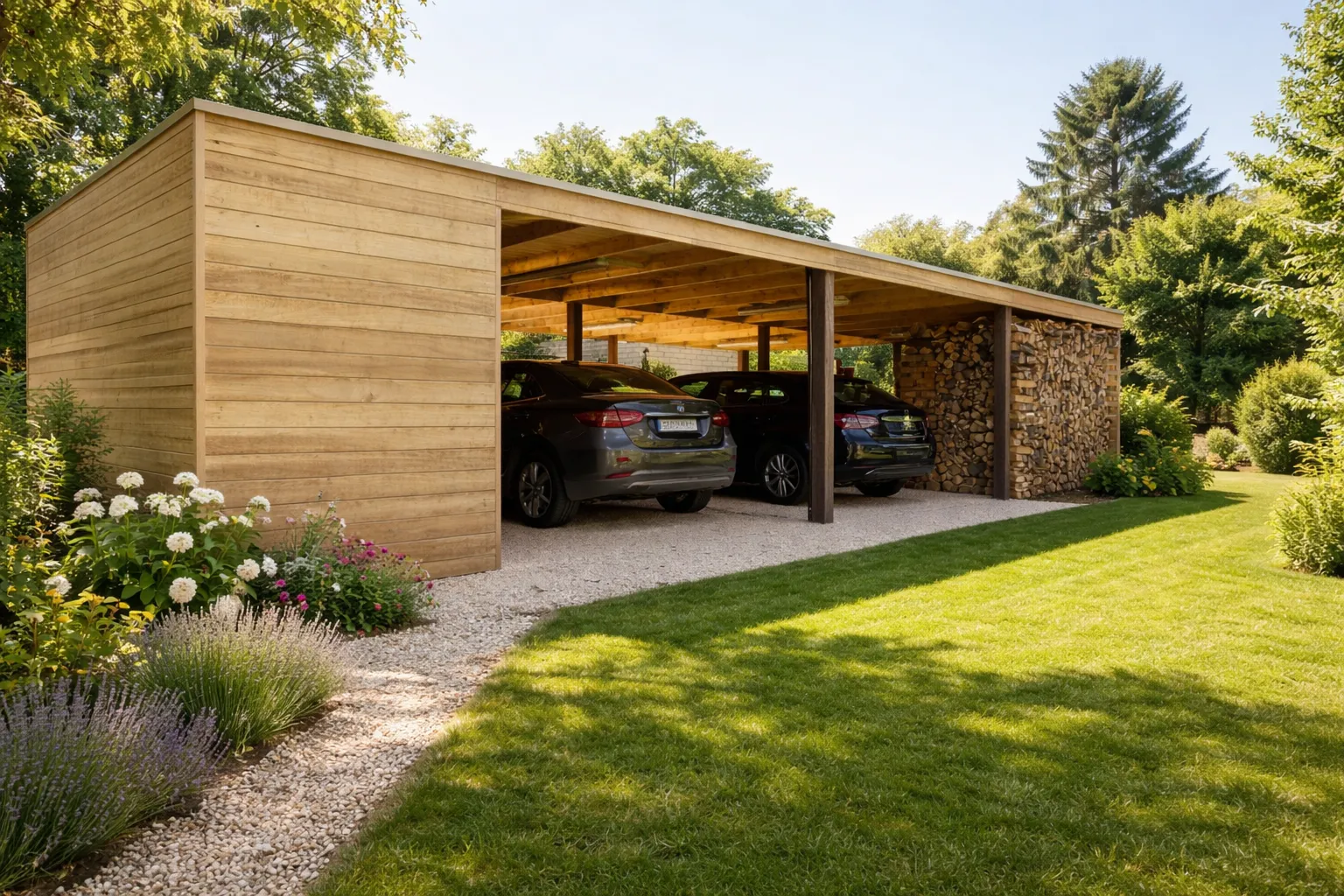 Carport en bois exotique pour la protection de deux voitures avec design moderne