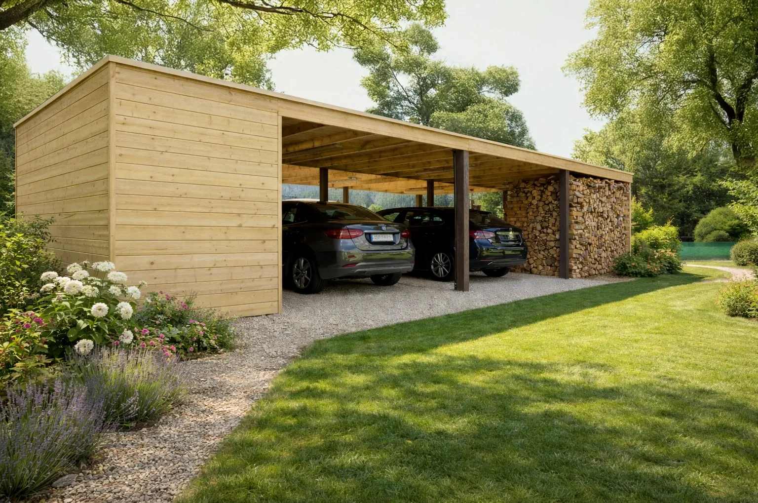 carport double avec auvent en bois de pin trait&eacute;