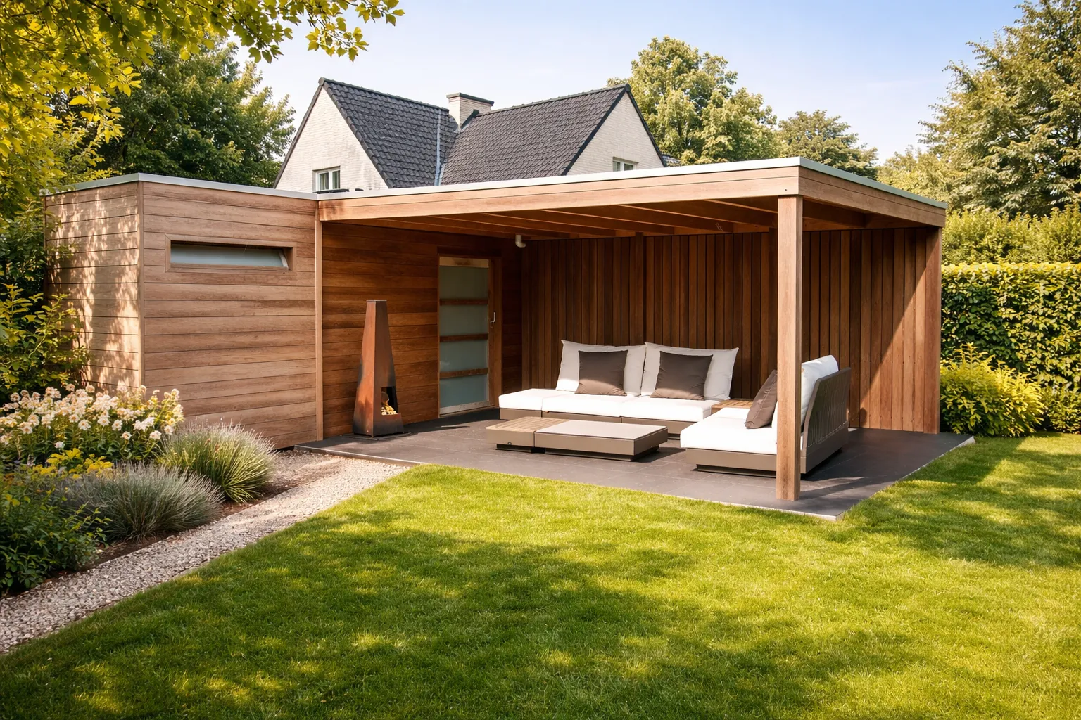 Chalet de jardin en bois exotique avec grand salon d'&eacute;t&eacute; couvert