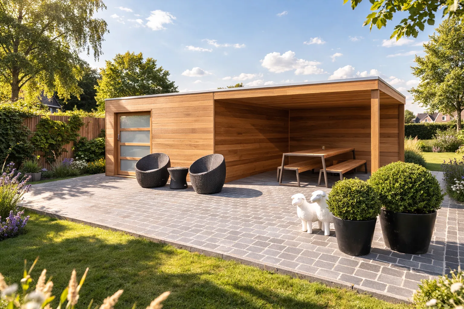 Pergola ferm&eacute;e en bois exotique am&eacute;nag&eacute;e en salon d'&eacute;t&eacute;