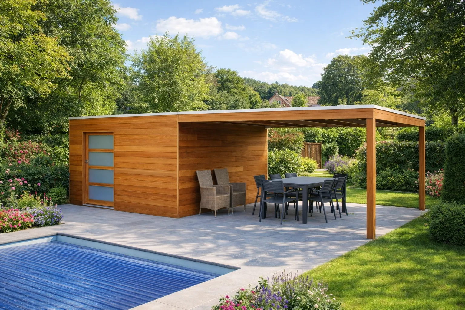 Poolhouse en bois exotique avec local technique int&eacute;gr&eacute;