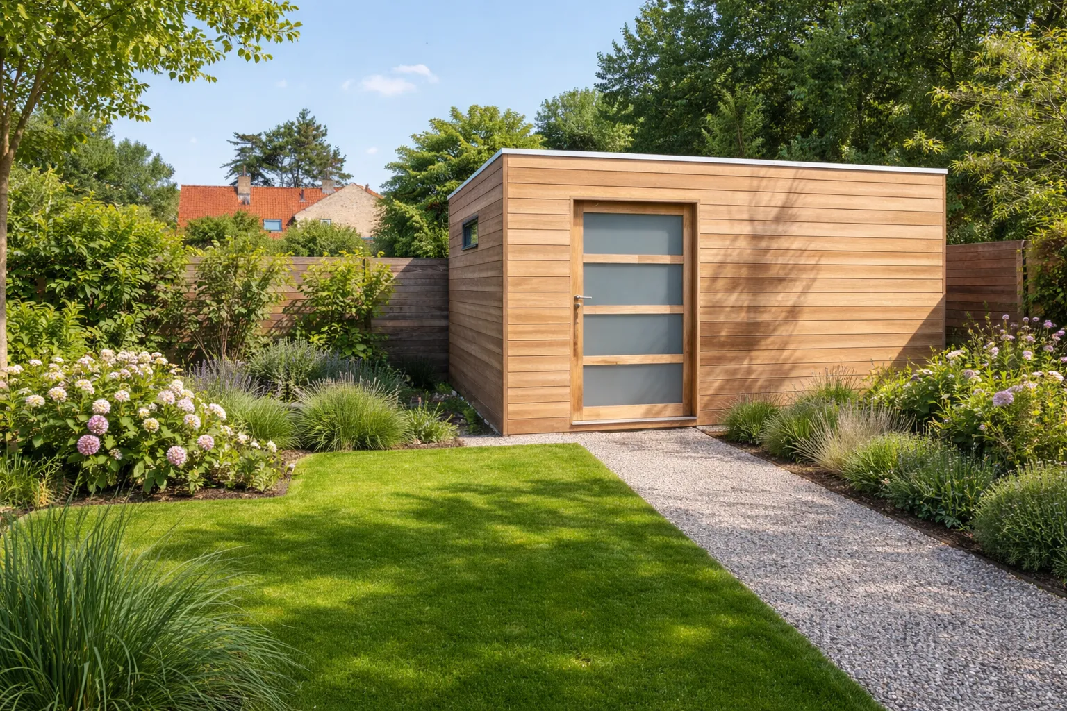 Studio de jardin en bois exotique avec porte coulissante vitr&eacute;e moderne