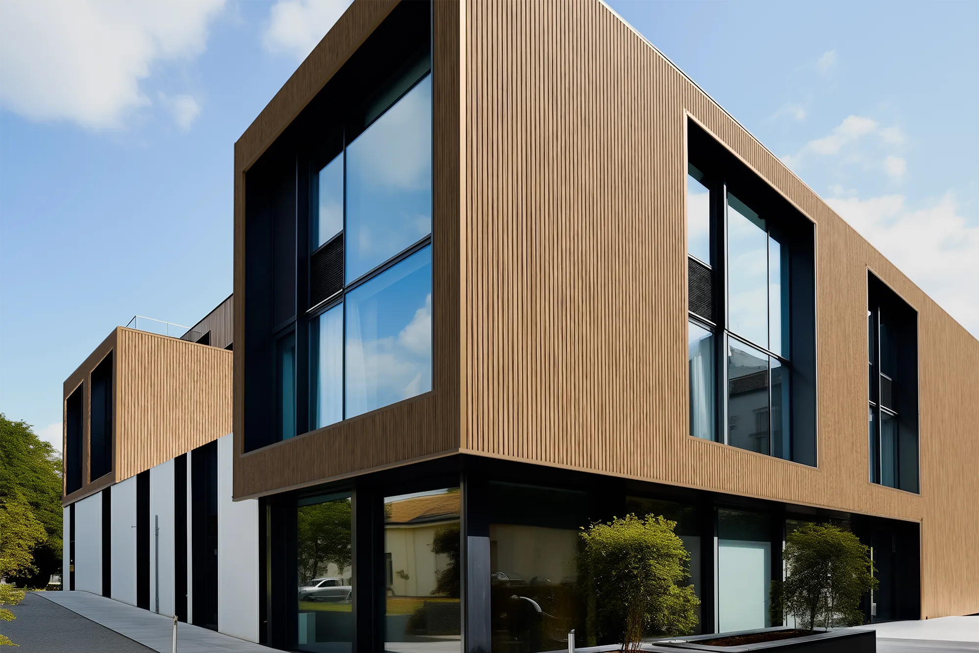 bardage d'immeuble en composite weo 60 en couleur teck