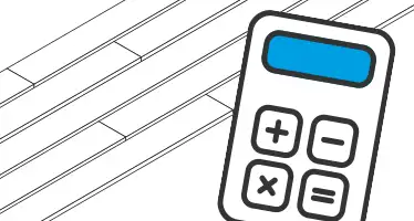 Eenvoudig schema met een rekenmachine en houten terrasplanken om een hoeveelheidsberekening te illustreren