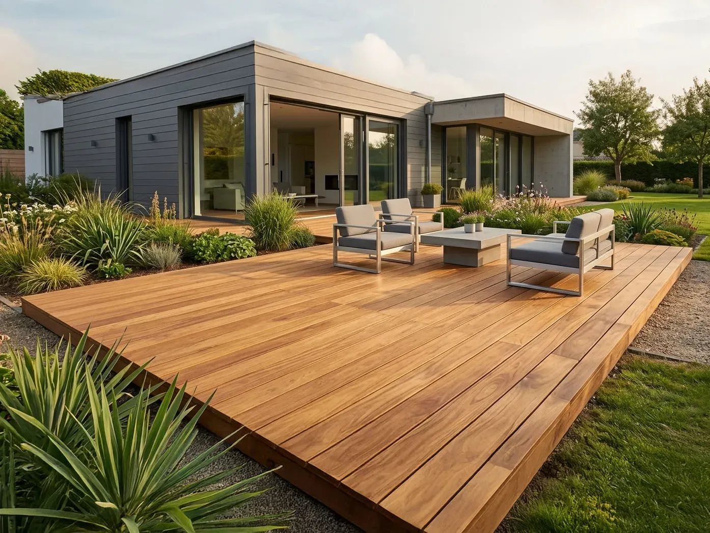 Groot terras met Afromosia-planken voor een moderne woning