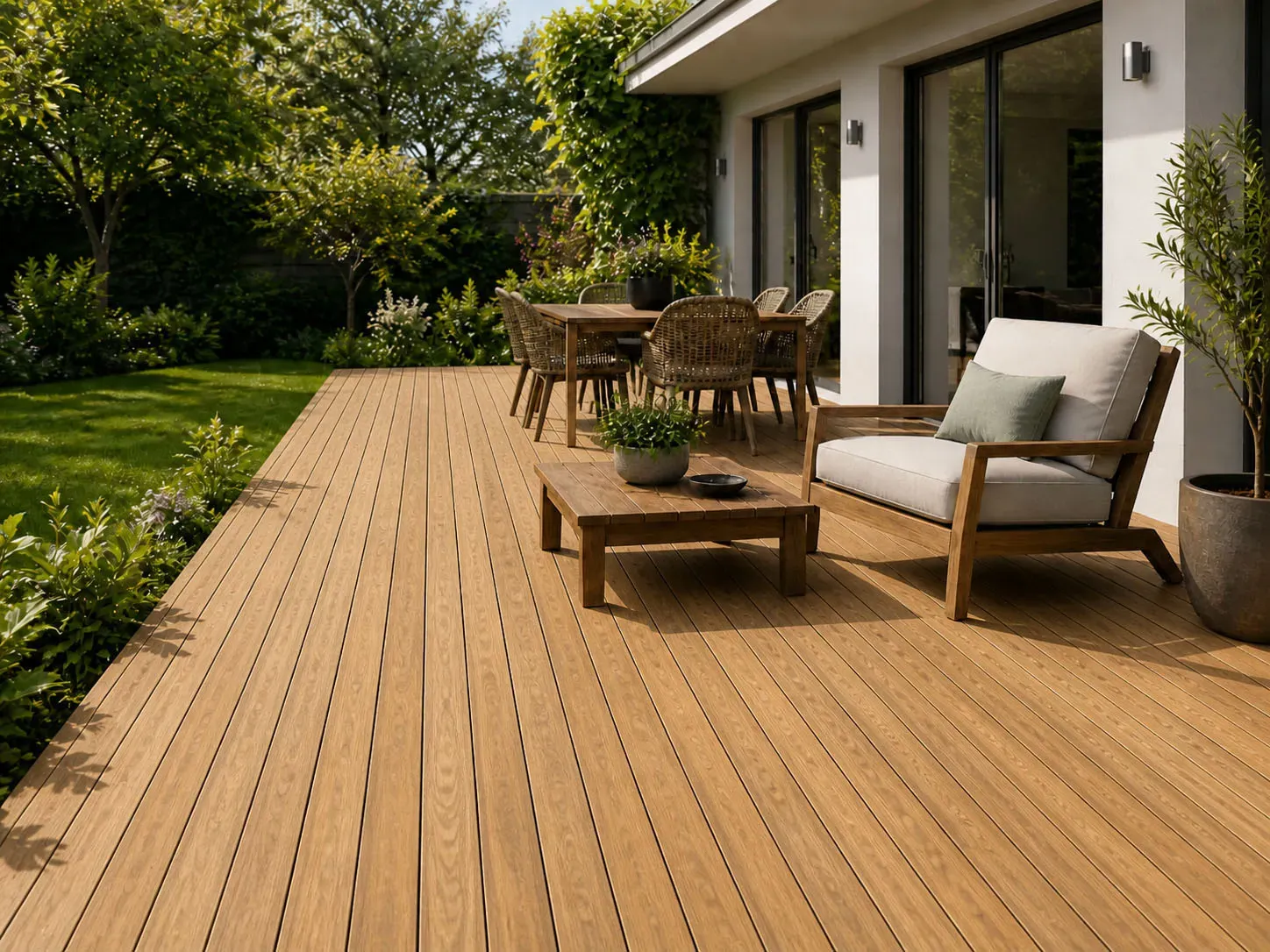 Terras van exotisch hout Afromosia in een moderne tuin met buitenmeubilair