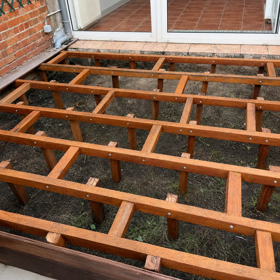 Terrasstructuur van onderbalken van hardhout 40x60 mm, geplaatst op exotische houten palen, klaar om de planken te ontvangen.