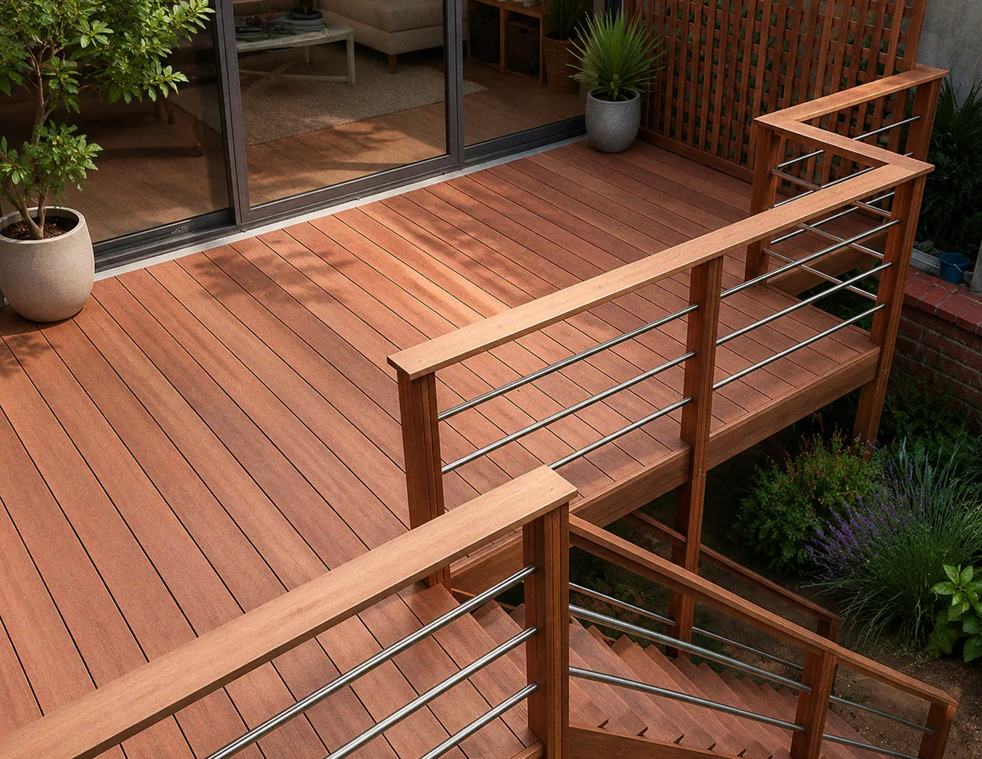 Verhoogd Mukulungu terras met houten balustrade en inox kabels