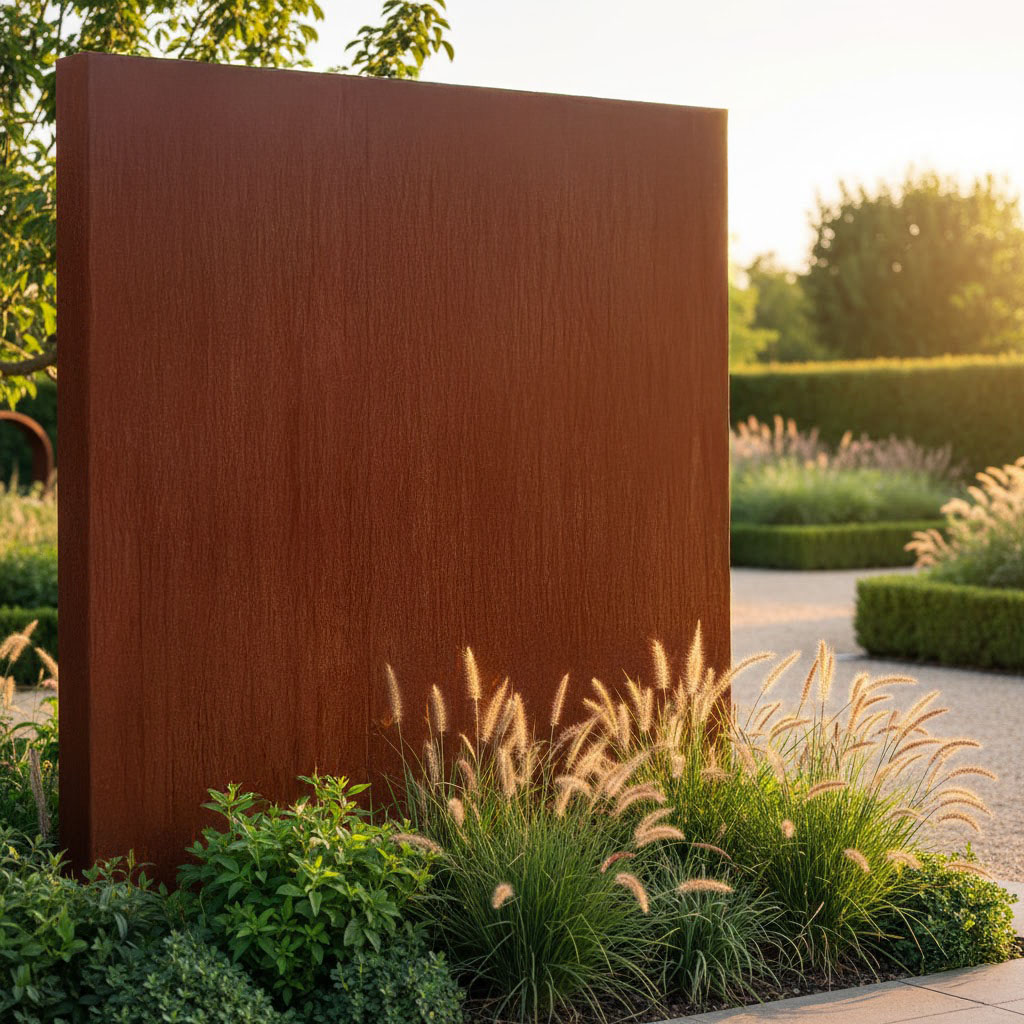 Grote Cortenstaal muur van 2×2 m, gebruikt als decoratieve zichtbreker in een landschapstuin.