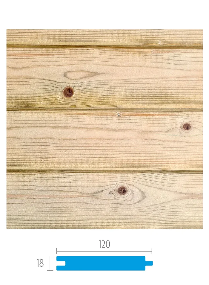 Planche de bardage en sapin autoclave rainure et languette 18 x 120 mm, mur emboîté et coupe du profil