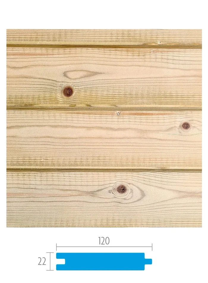 Planche en sapin autoclave rainure et languette 22 x 120 mm pour paroi de chalet, avec coupe du profil