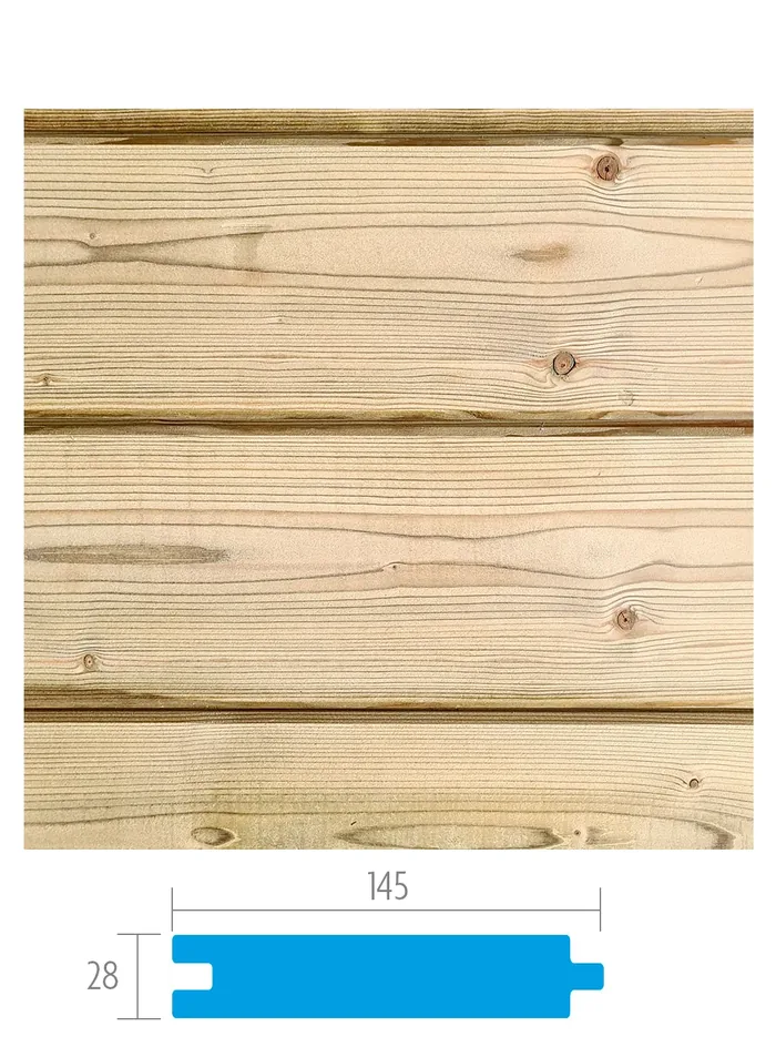 Planche de palissade en sapin autoclave rainure et languette 28 x 145 mm, paroi emboîtée et coupe du profil