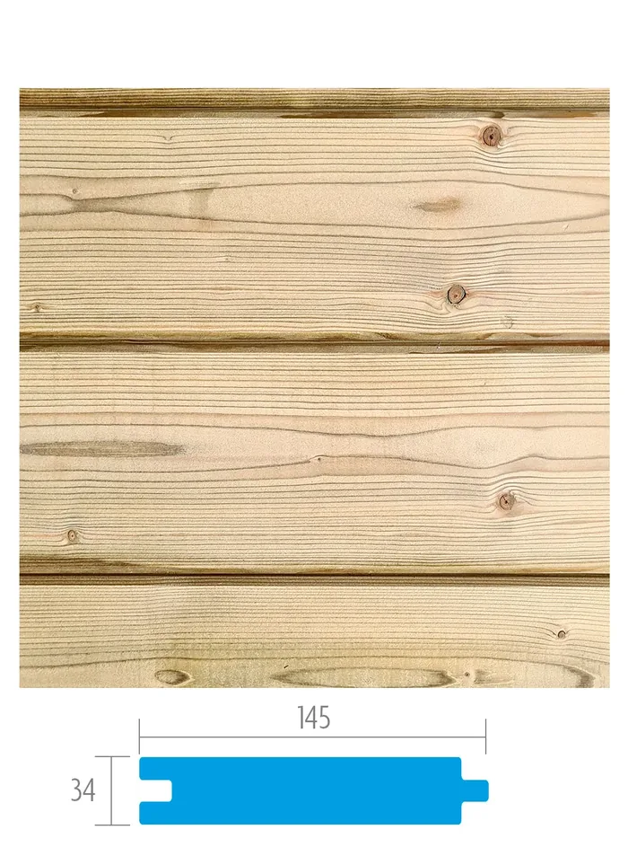 Planche épaisse en sapin autoclave rainure et languette 34 x 145 mm, mur emboîté et coupe du profil