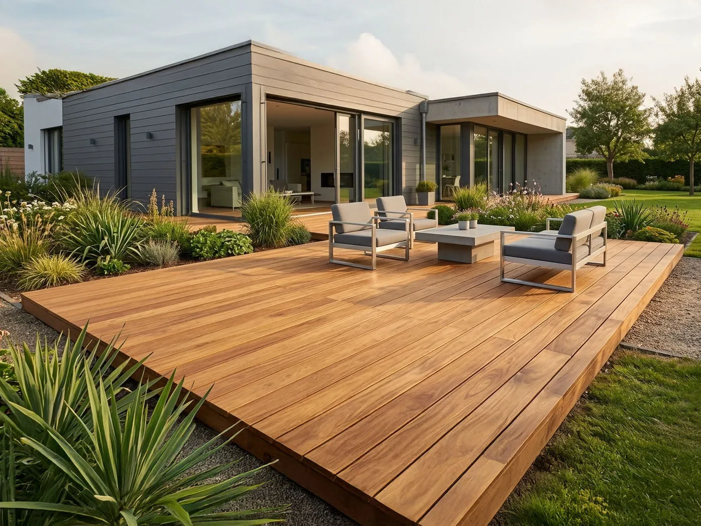 Grande terrasse en lames Afromosia devant une maison contemporaine