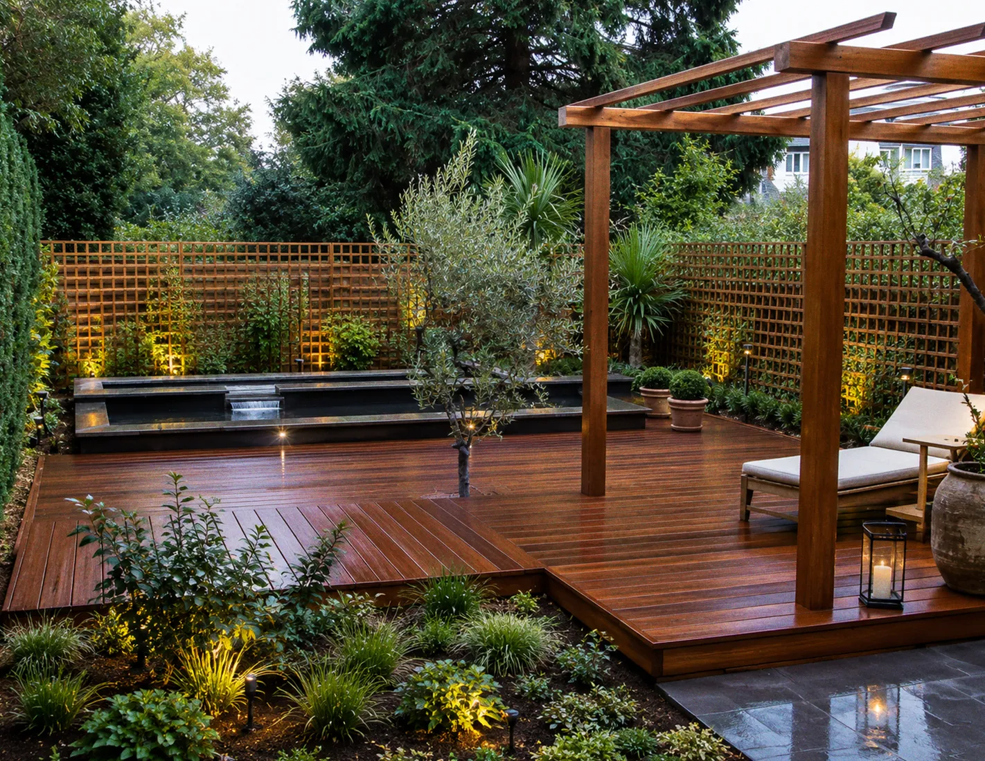 Terrasse paysagère en Massaranduba avec pergola en bois et bassin d'eau