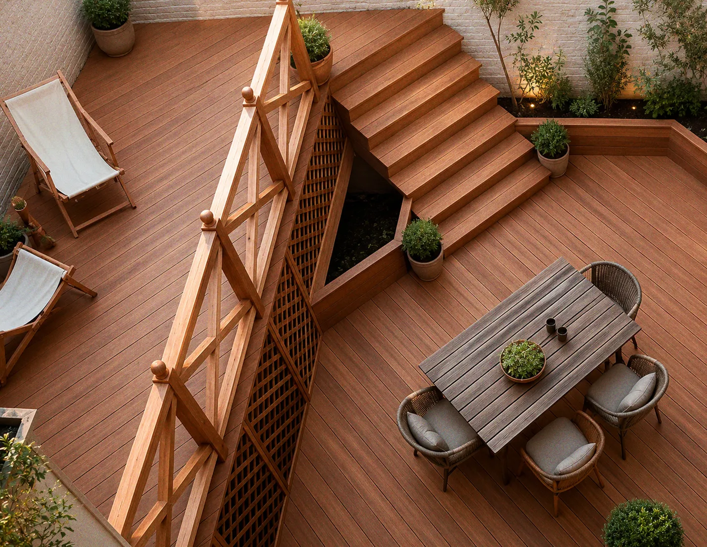 Grande terrasse en Mukulungu avec escalier int&eacute;gr&eacute; et coin repas