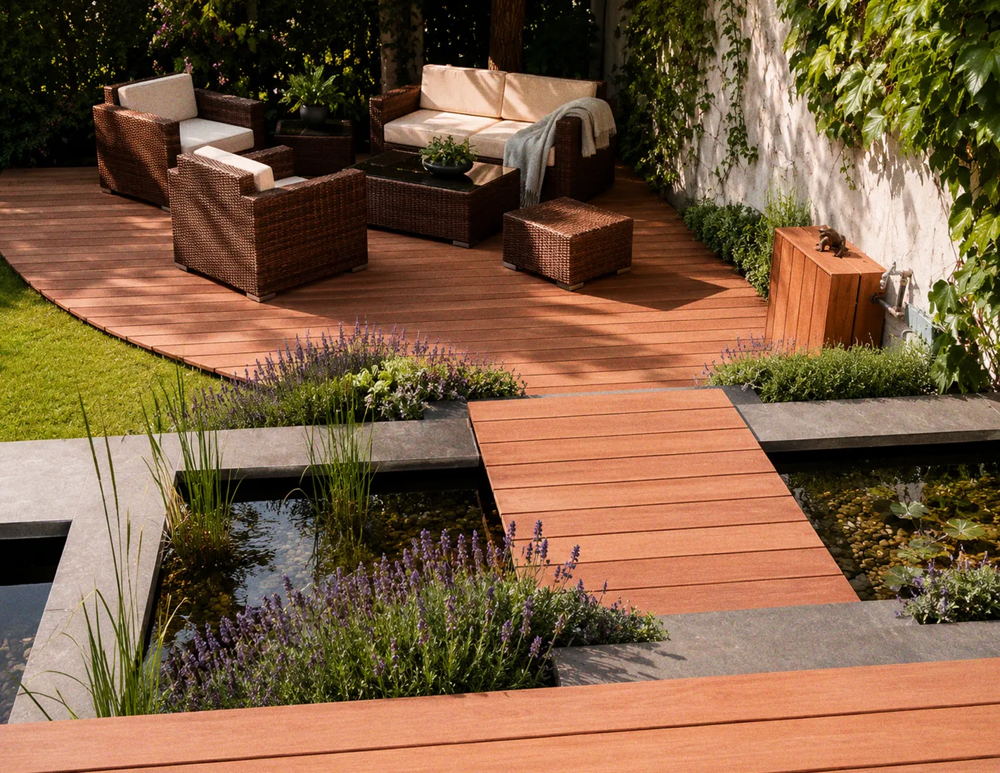 Terrasse en Mukulungu avec bassin ornemental et passerelle bois