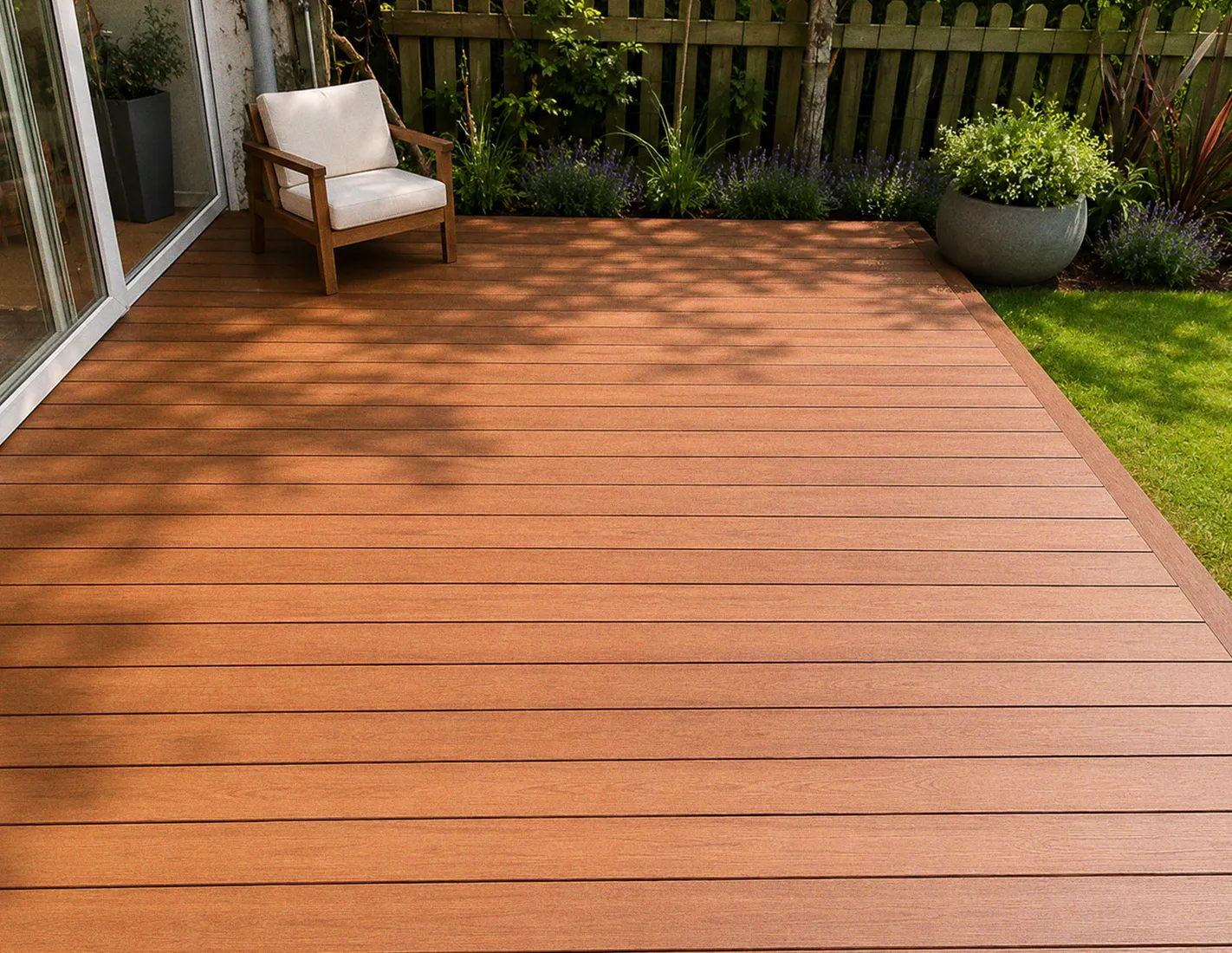 Terrasse en Mukulungu lisse bord&eacute;e d'un parterre de lavande