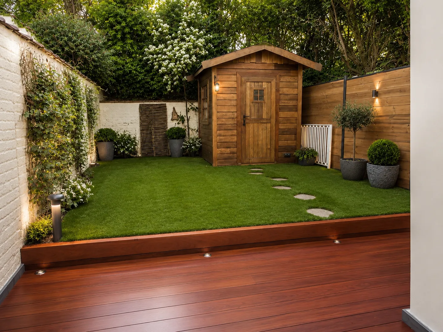 Terrasse en Padouk dans petit jardin avec abri et &eacute;clairage