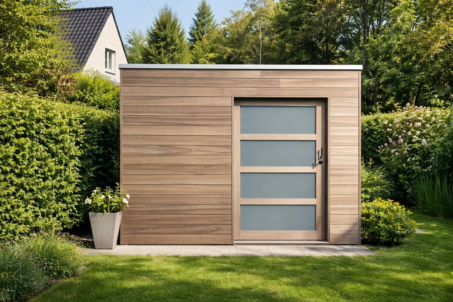 Eigentijdse tuinschuur in hardhout met een strak design