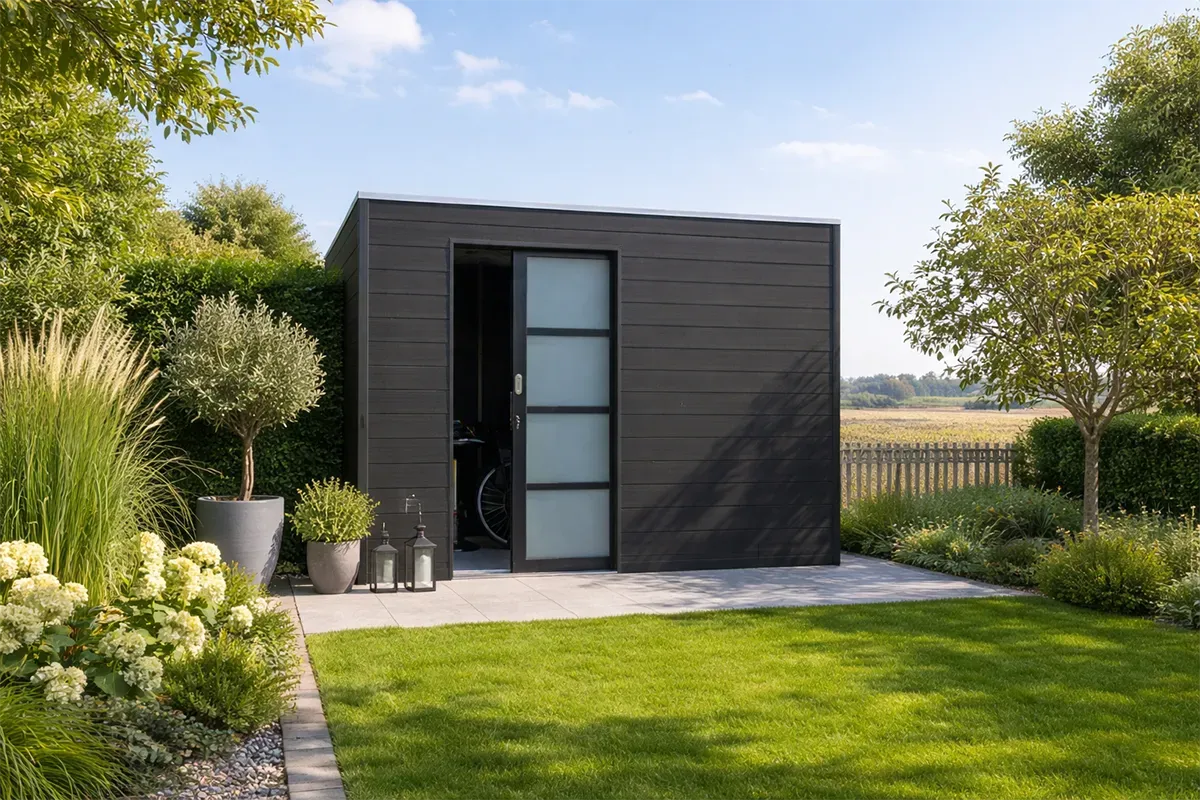 Opbergschuur achterin de tuin van houtcomposiet