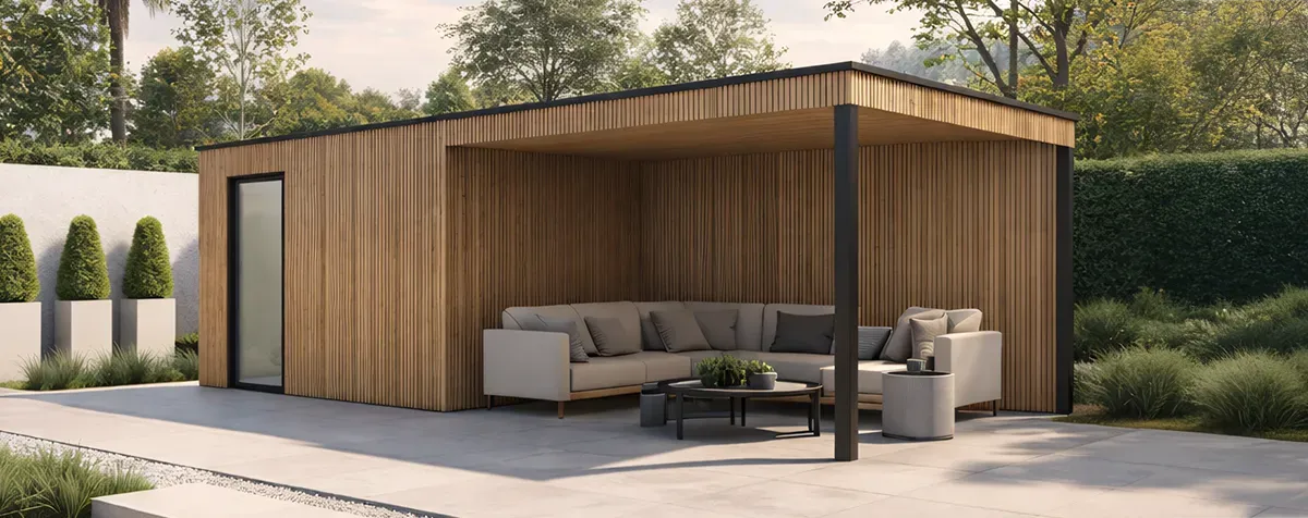 Tuinhuisje met luifel waarvan de palen van aluminium zijn gemaakt