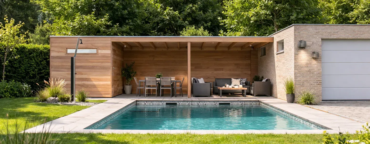 Poolhouse in hardhout met ge&iuml;ntegreerde buitendouche.