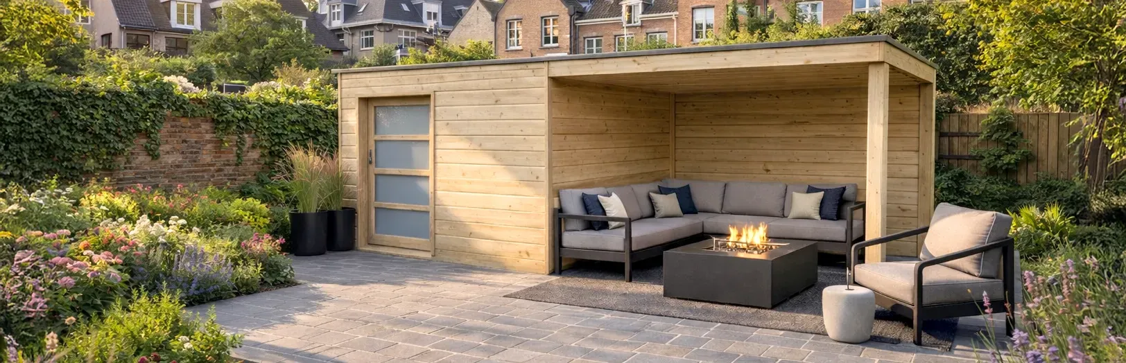 Tuinhuis van ge&iuml;mpregneerd sparrenhout met luifel en schuifdeur