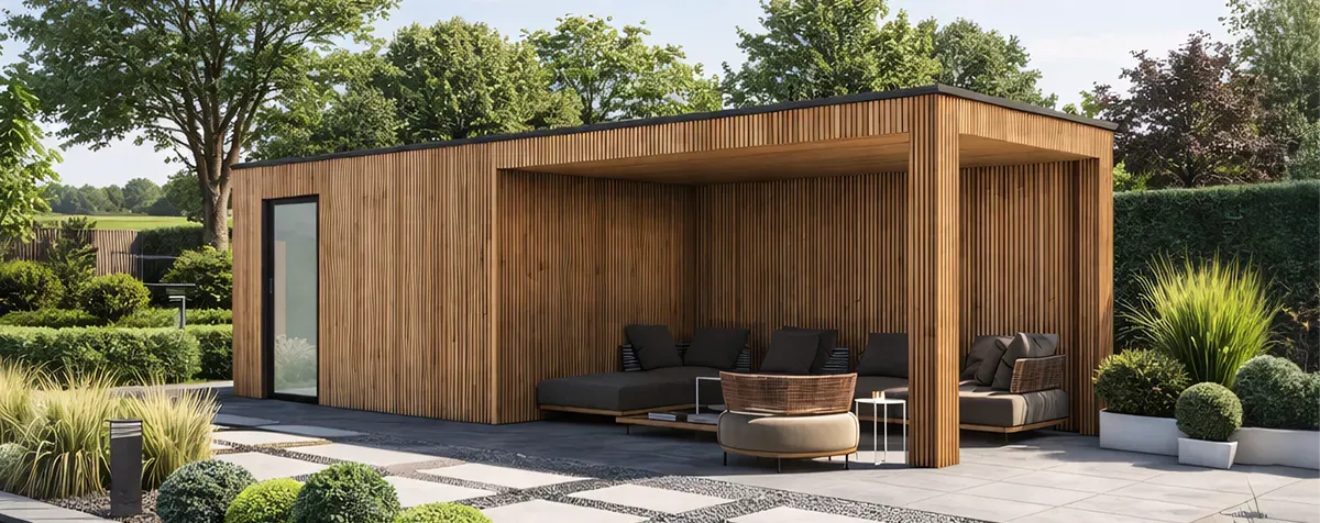 Tuinhuisje met luifel waarvan de palen zijn gemaakt van gegroefde planken