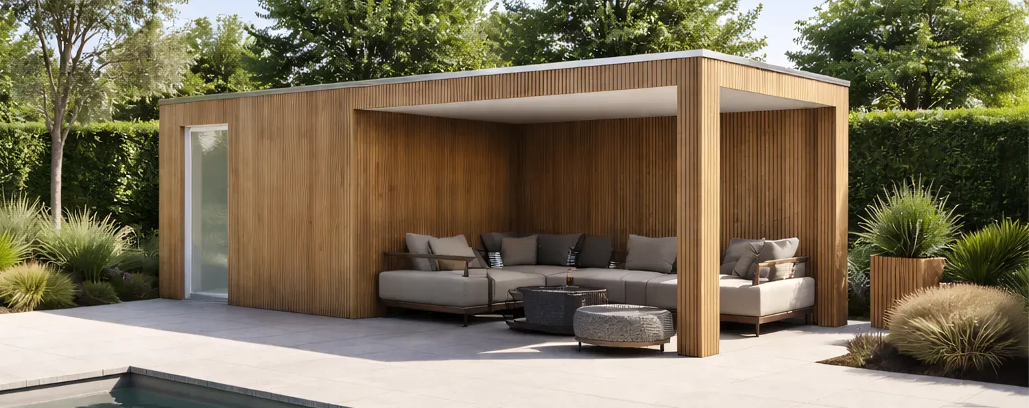 Tuinhuisje in thermisch behandeld grenenhout met luifel