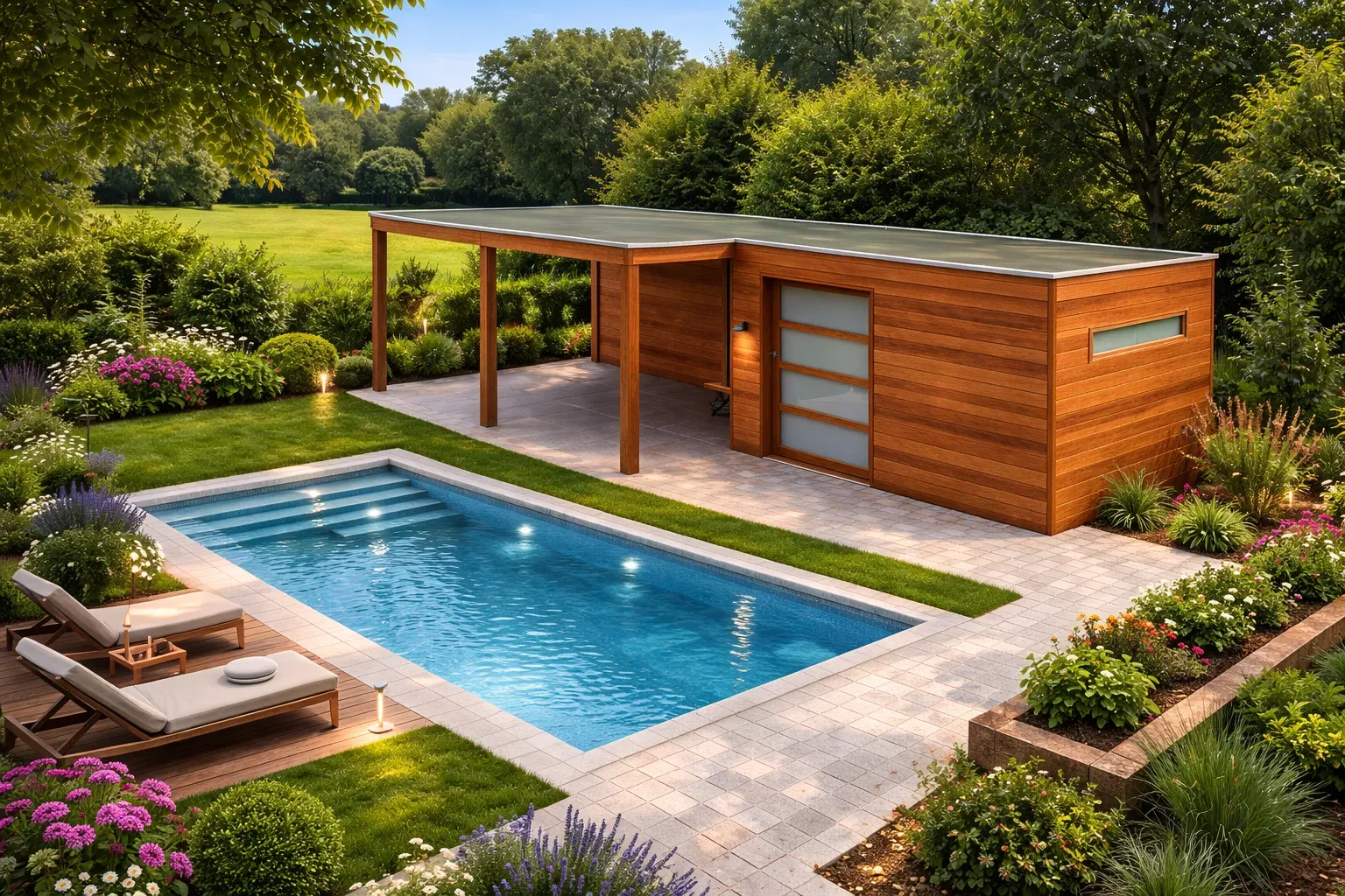 Zwembadoverkapping van exotisch hout met overdekte luifel voor tuinmeubilair.